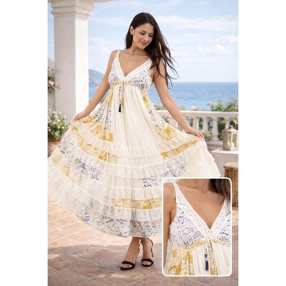 Boho Maxi Dress | Blue Gold Coastal Tiered Summer Resort Wear - Picture 3 of 3